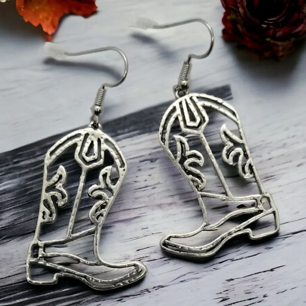 Silver Cowboy Boot Earrings Western Cowgirl Nashville Jewelry Rodeo Honky Tonk